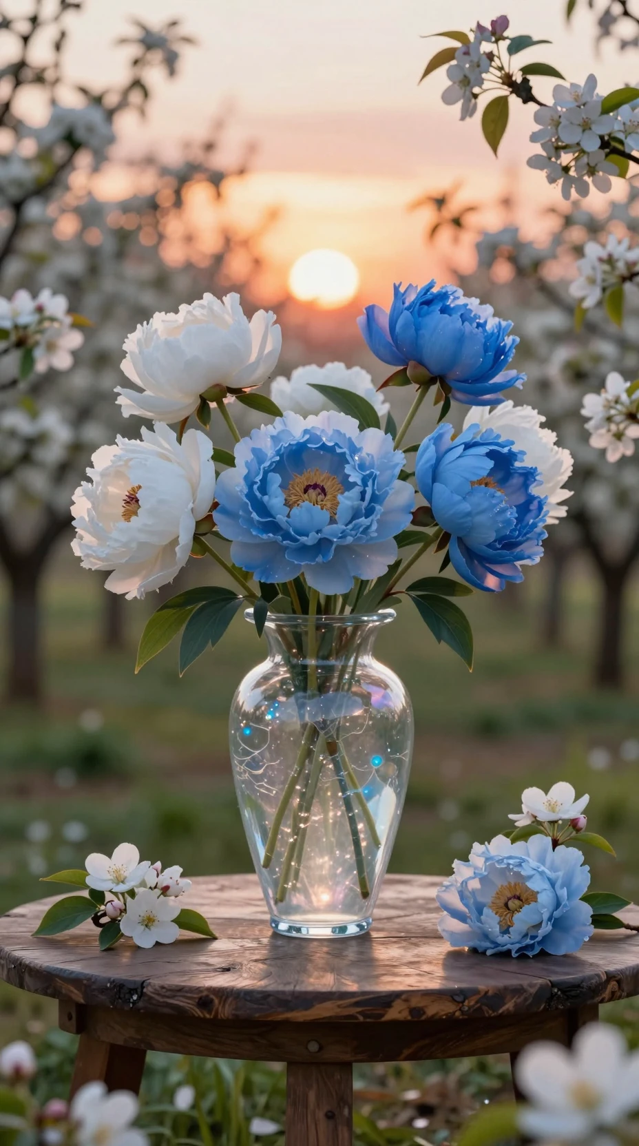 Glasvase mit blauen und weißen Pfingstrosen im Obstgarten bei Sonnenuntergang