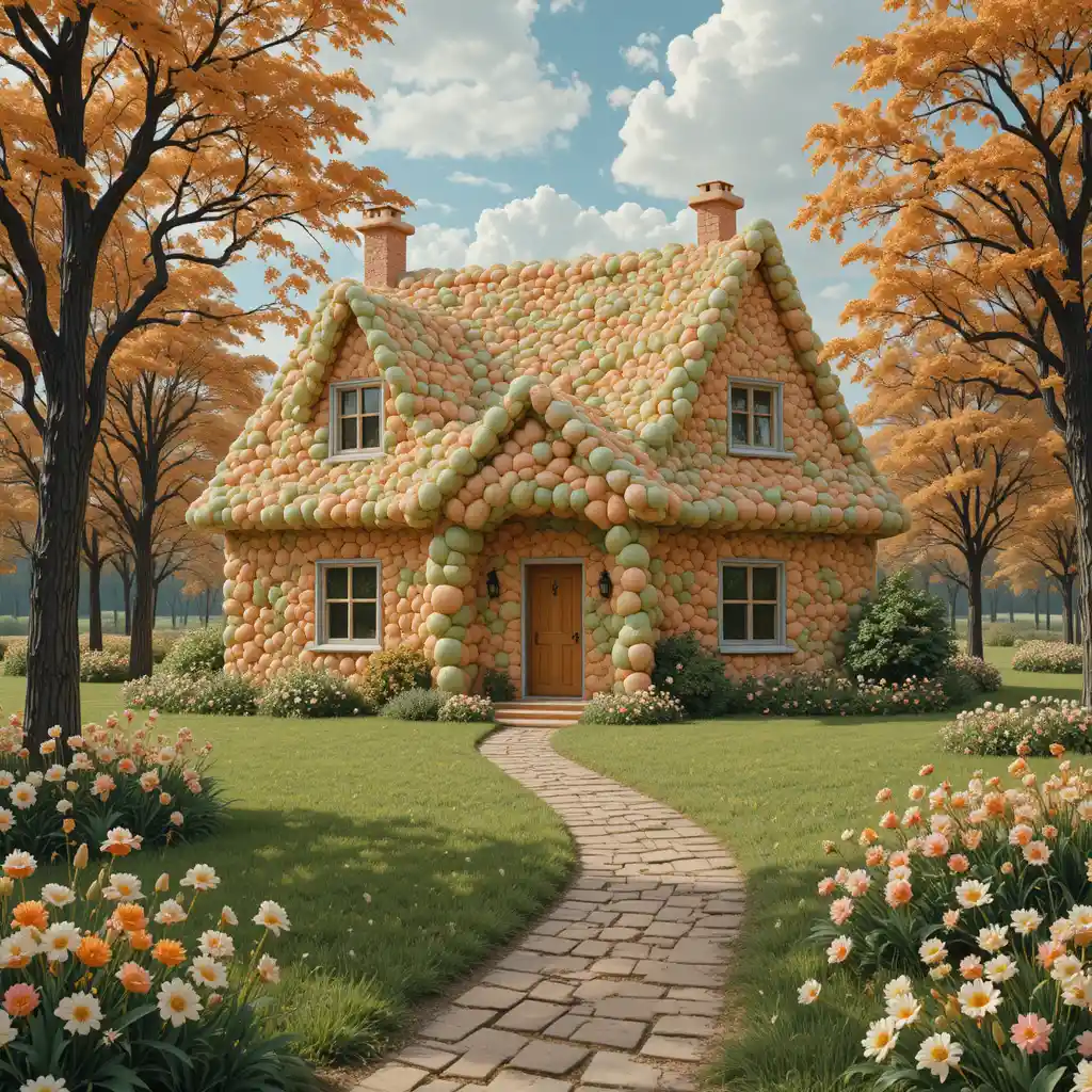 由橘色與綠色棉花糖建成的野獸派鄉村小屋