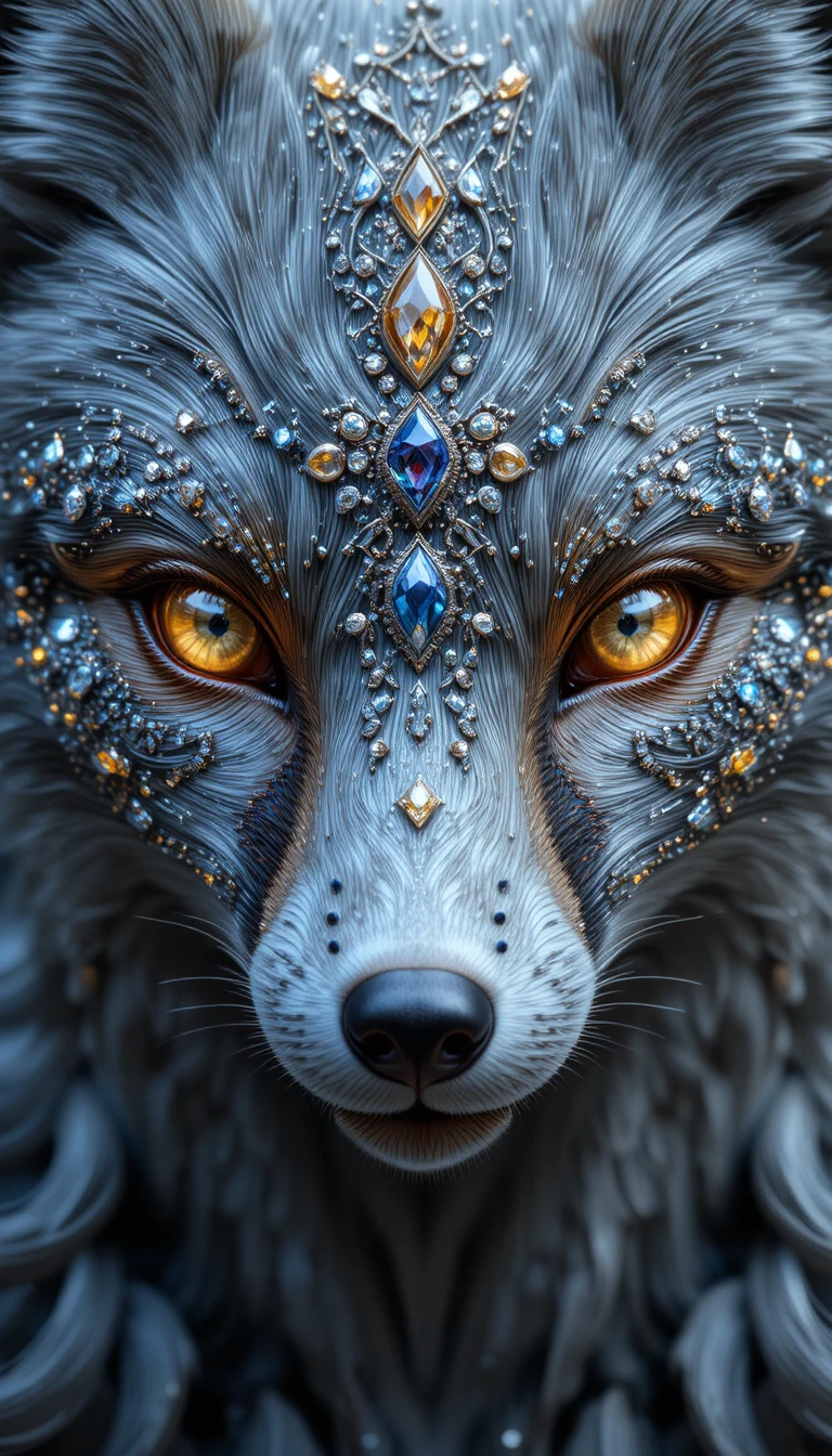 Visage de renard serti de bijoux avec fourrure incrustée de diamants et yeux dorés