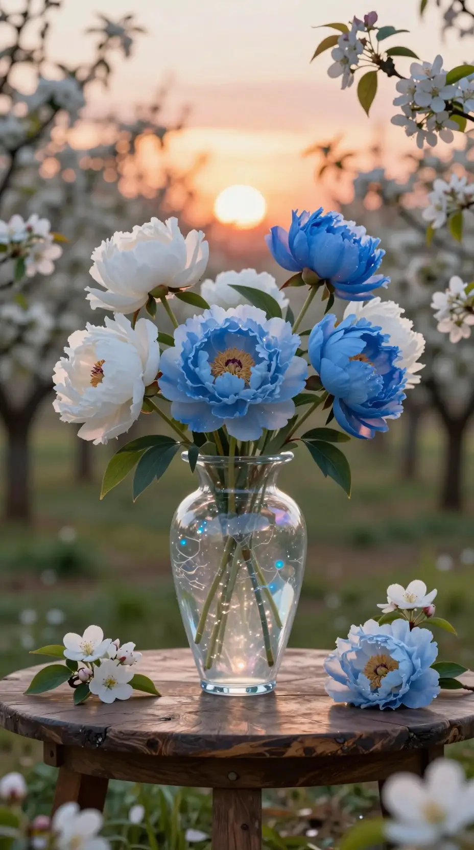 Glass vase with blue and white peonies in orchard sunset