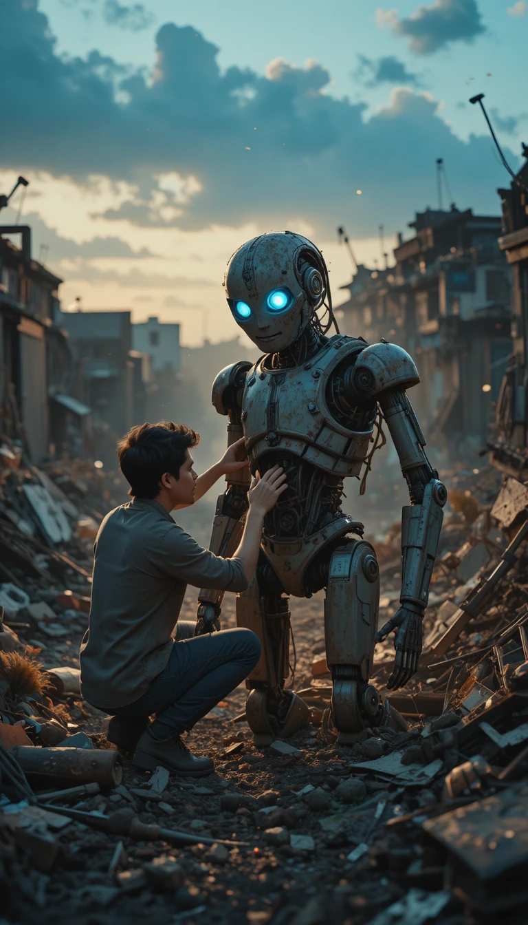 Man awakening a broken robot in a dusty junkyard at dusk