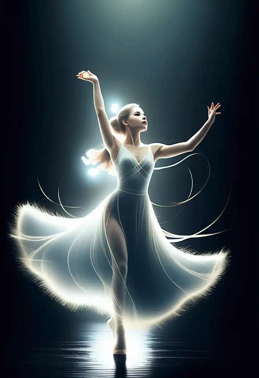 Silhouetted dancer wrapped in swirling golden light trails