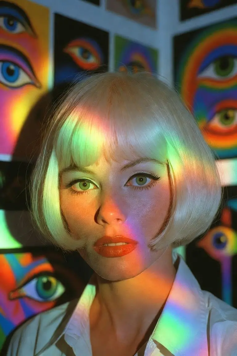 Woman in psychedelic light show at surreal art gallery