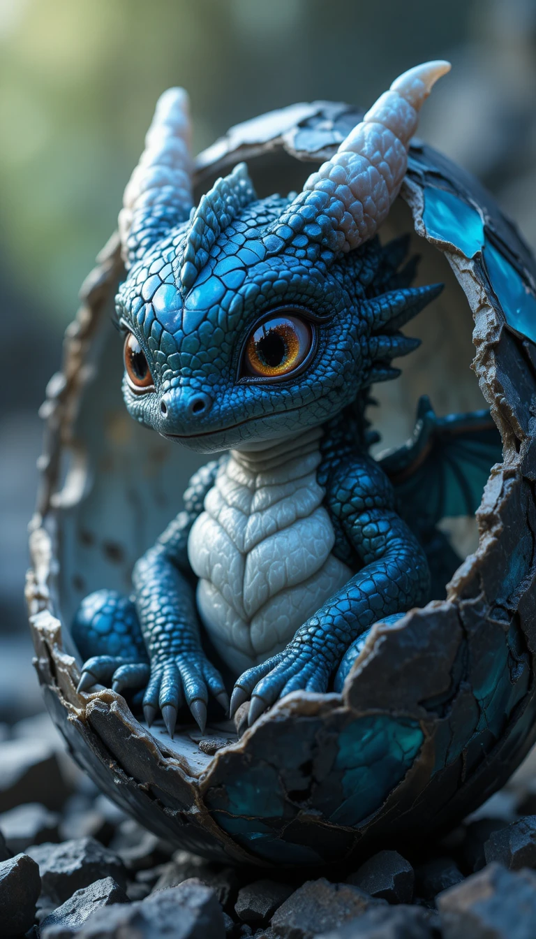 Filhote de dragão chocando de um ovo de obsidiana ciano estilhaçado