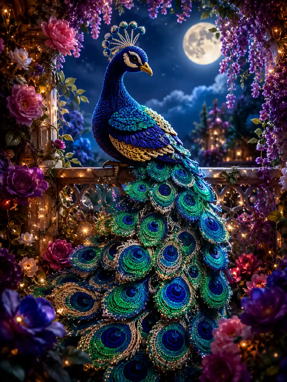 Paon au Crochet Sous le Clair de Lune dans un Jardin Fantastique Enchanté