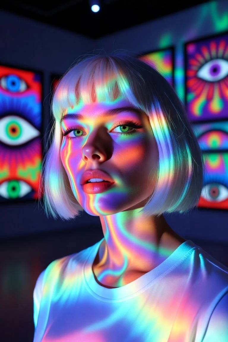 Psychedelic portrait of a platinum blonde woman in gallery