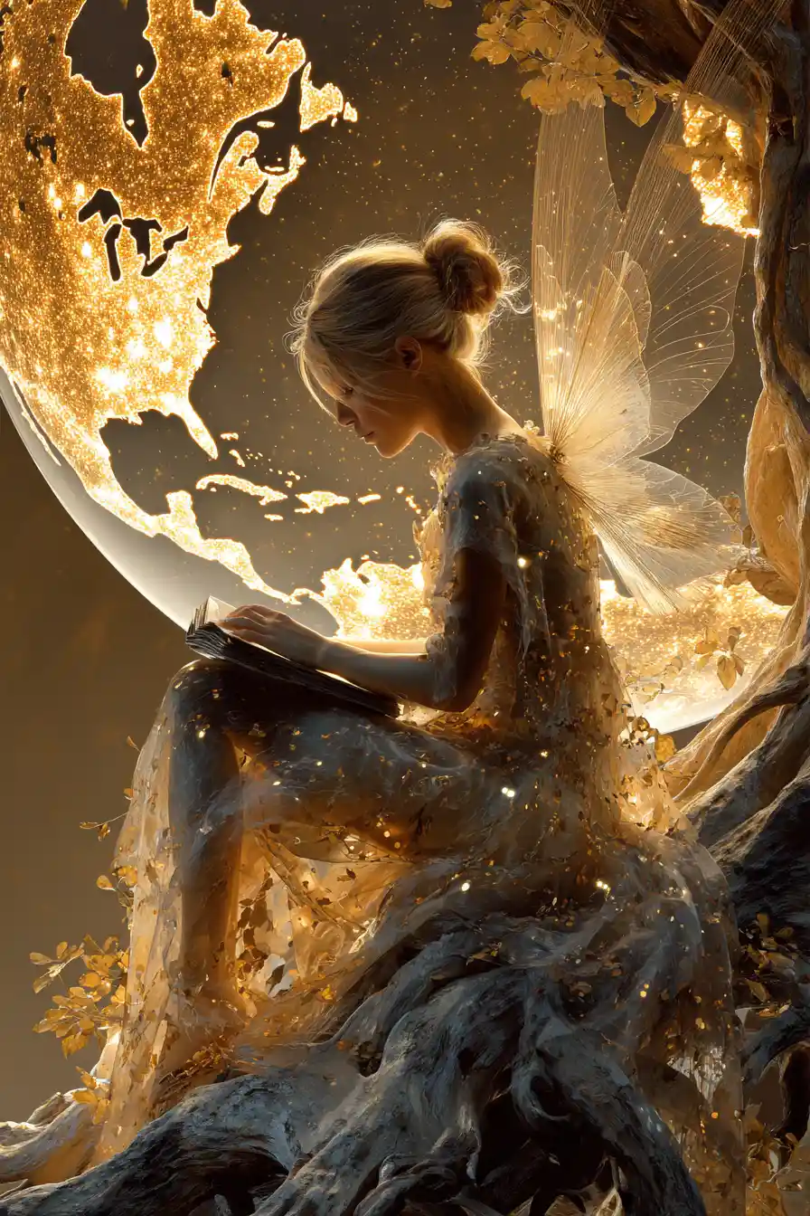 Fairy girl reading beneath a luminous world tree