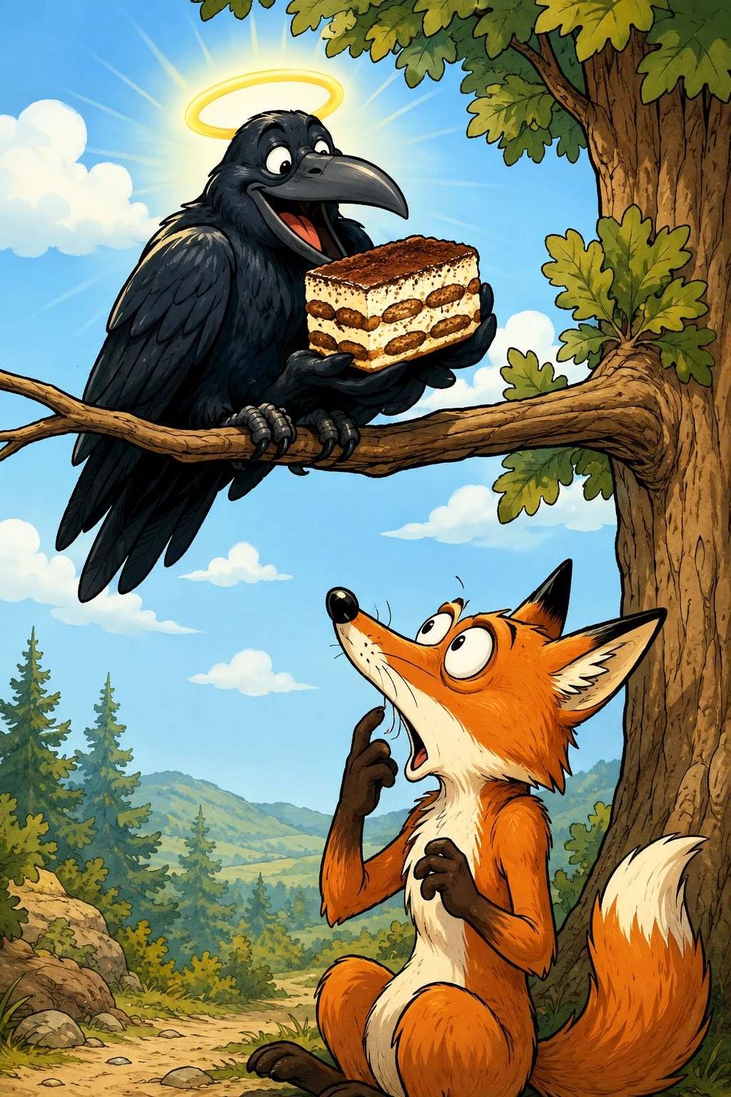 Corbeau de dessin animé joueur avec tiramisu en illustration de bande dessinée