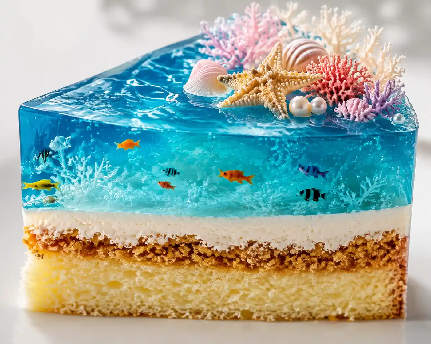Close up ocean themed jelly cake slice with decorations