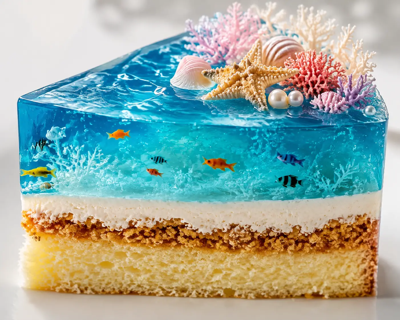 Nahaufnahme eines ozeanisch dekorierten Wackelkuchen-Stücks