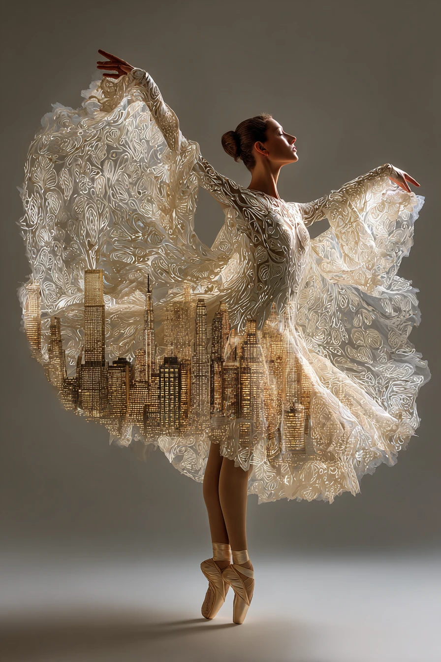 Graceful ballerina in glowing lace dress with city veil