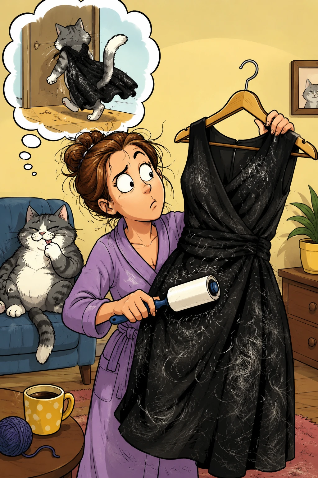 ユーモラスにドレスの猫の毛を取る女性のイラスト
