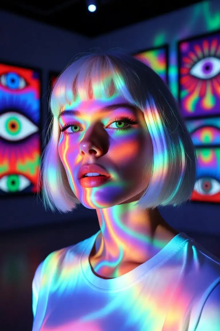 Psychedelic portrait of a platinum blonde woman in gallery