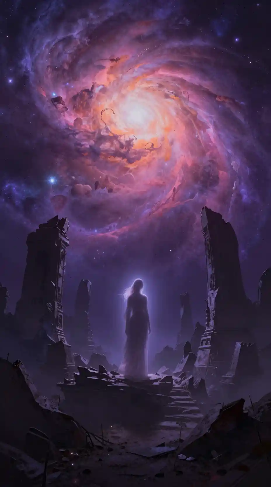 Figura eterea tra rovine cosmiche sotto una nebulosa luminosa