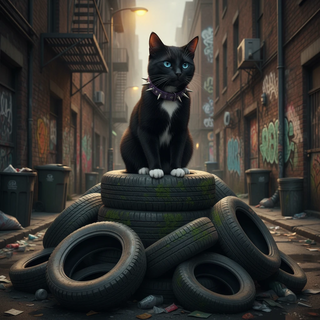 Gato preto de olhos azuis sobre pneus em um beco escuro