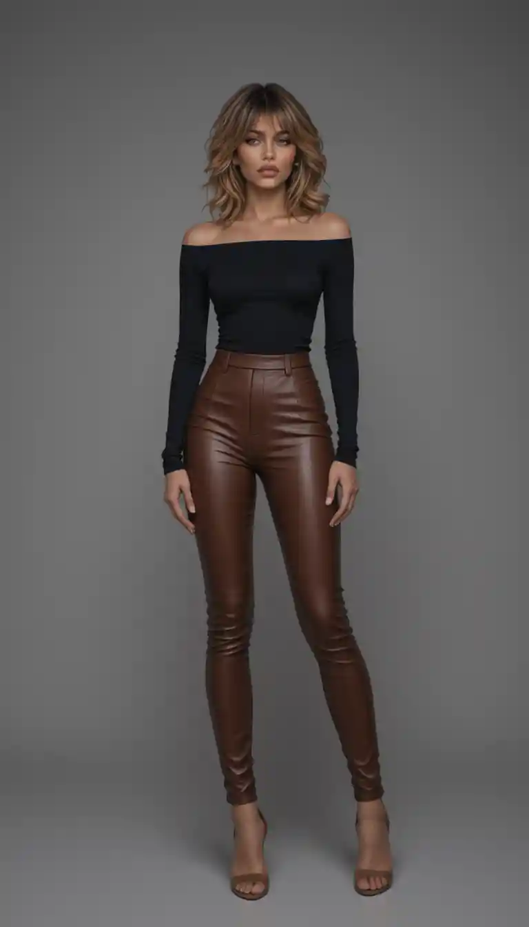 Confident woman in chic outfit against light gray background