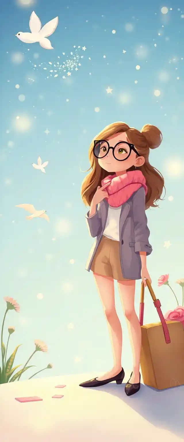 Garota em tons pastéis com estilo de cartoon lúdico e fashion