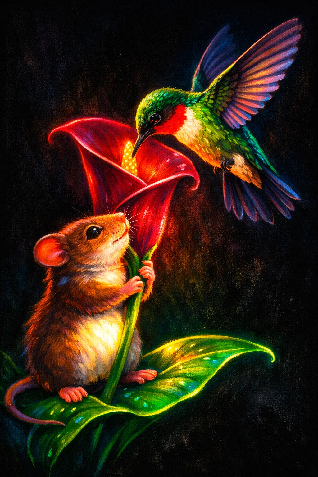 Neon-Maus mit leuchtender Calla-Lilie und schwebendem Kolibri