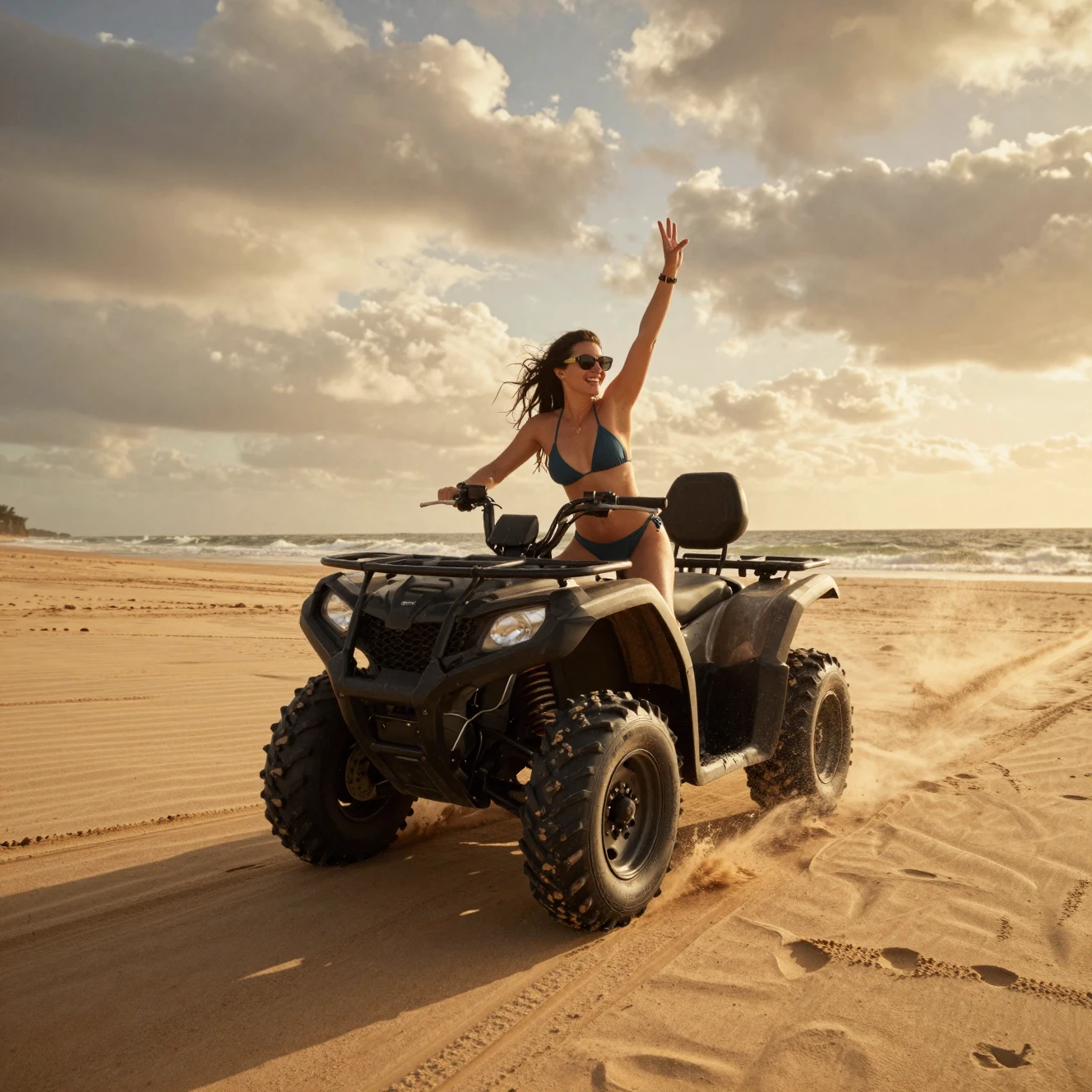 Woman riding an ATV along a golden sand beach at sunset