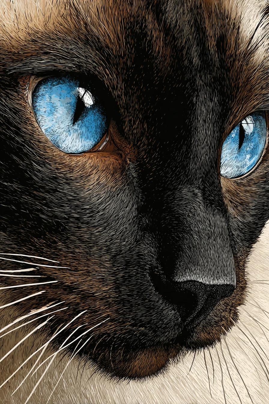 Gato siamês com olhos azuis brilhantes em estilo vetorial