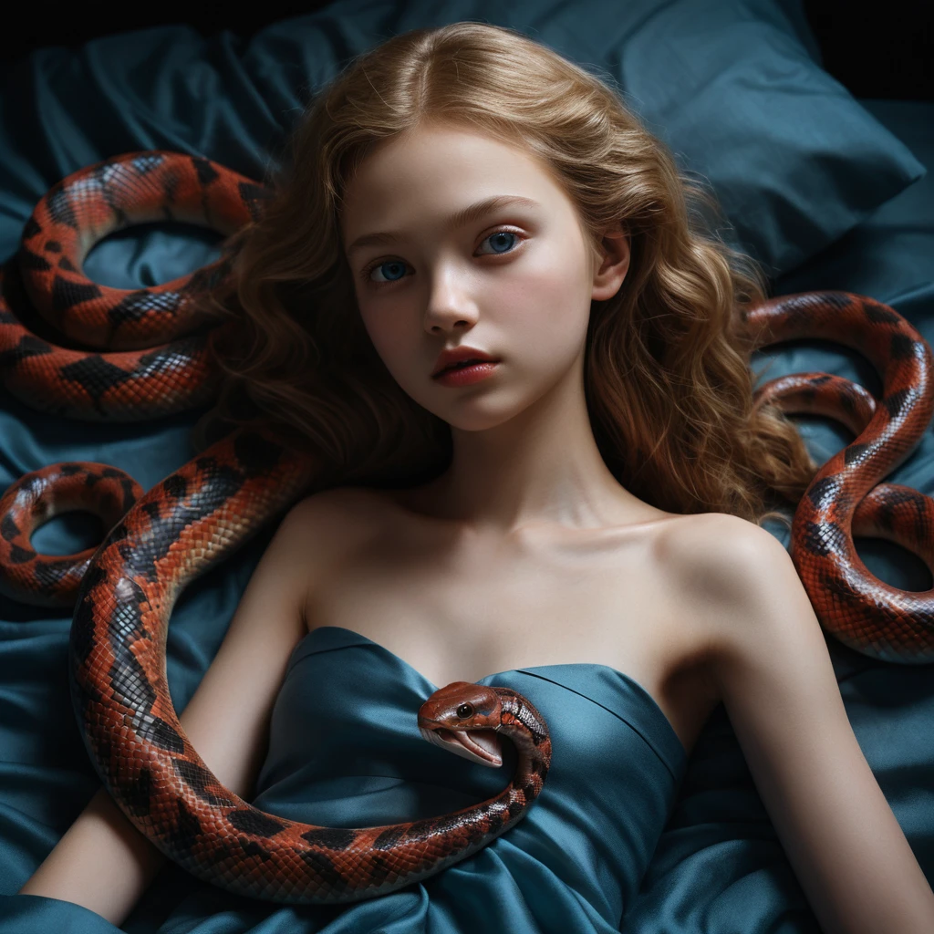 Jeune fille mélancolique allongée sur un lit avec un serpent