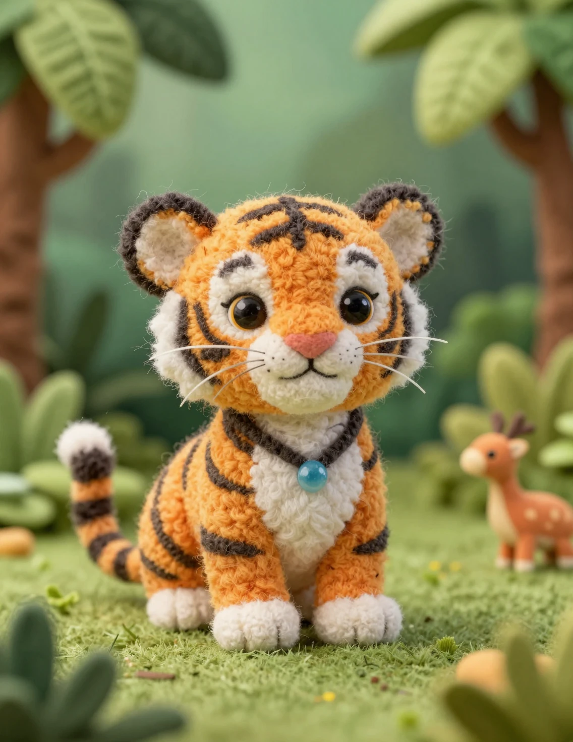 Cute Needle Felted Tiger Cub In Colorful Plush Jungle