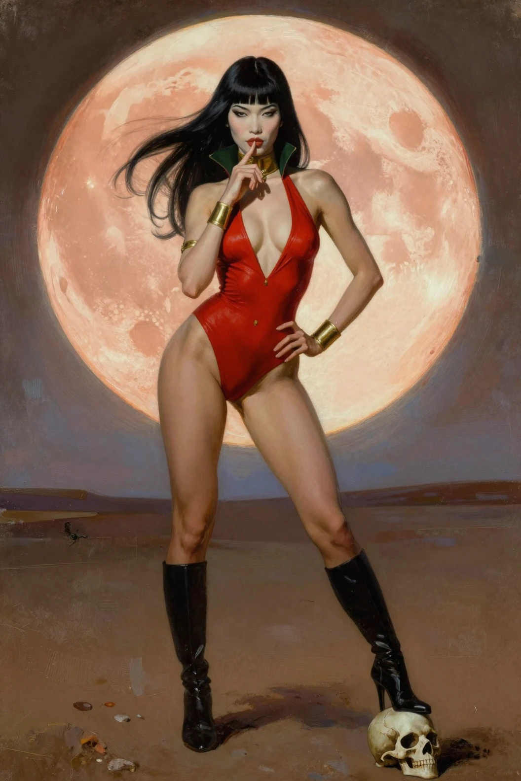 Warrior woman before a vast moon with skull underfoot