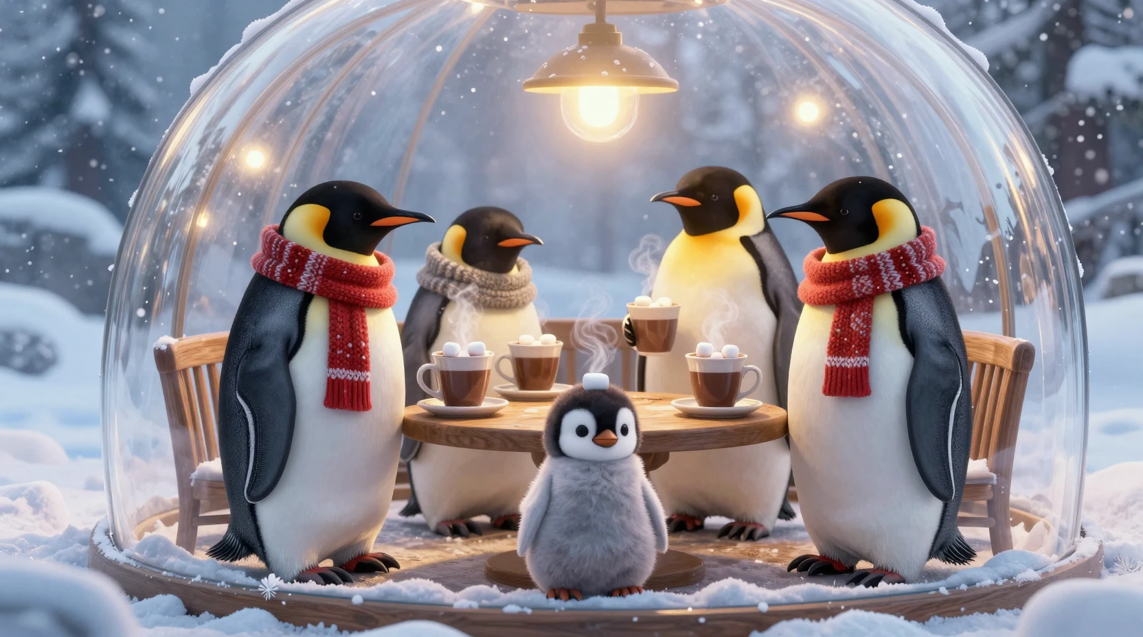 Accogliente caffè dei pinguini sotto una cupola di vetro luminosa