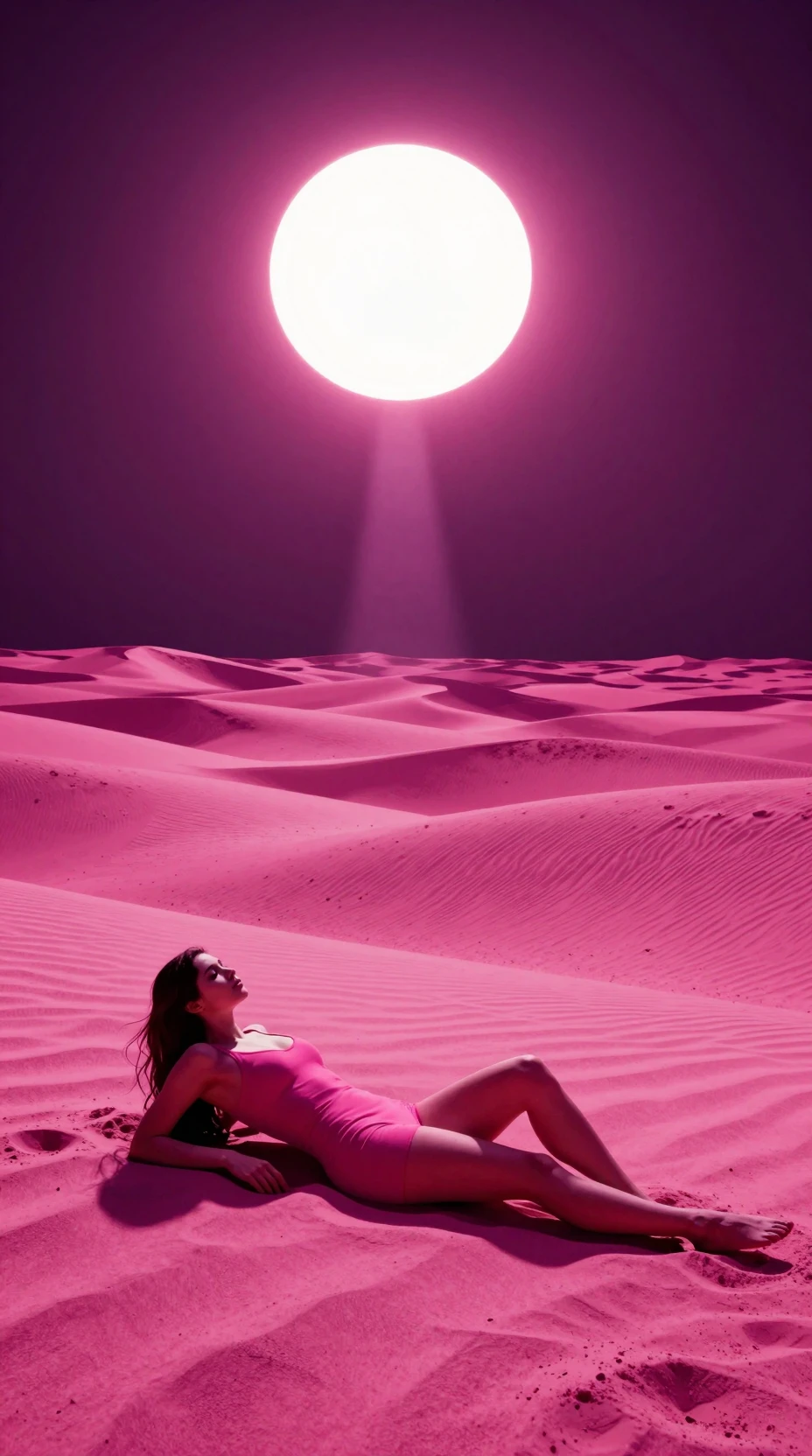 Femme allongée sur des dunes rouges extraterrestres sous un rayon de soleil brûlant
