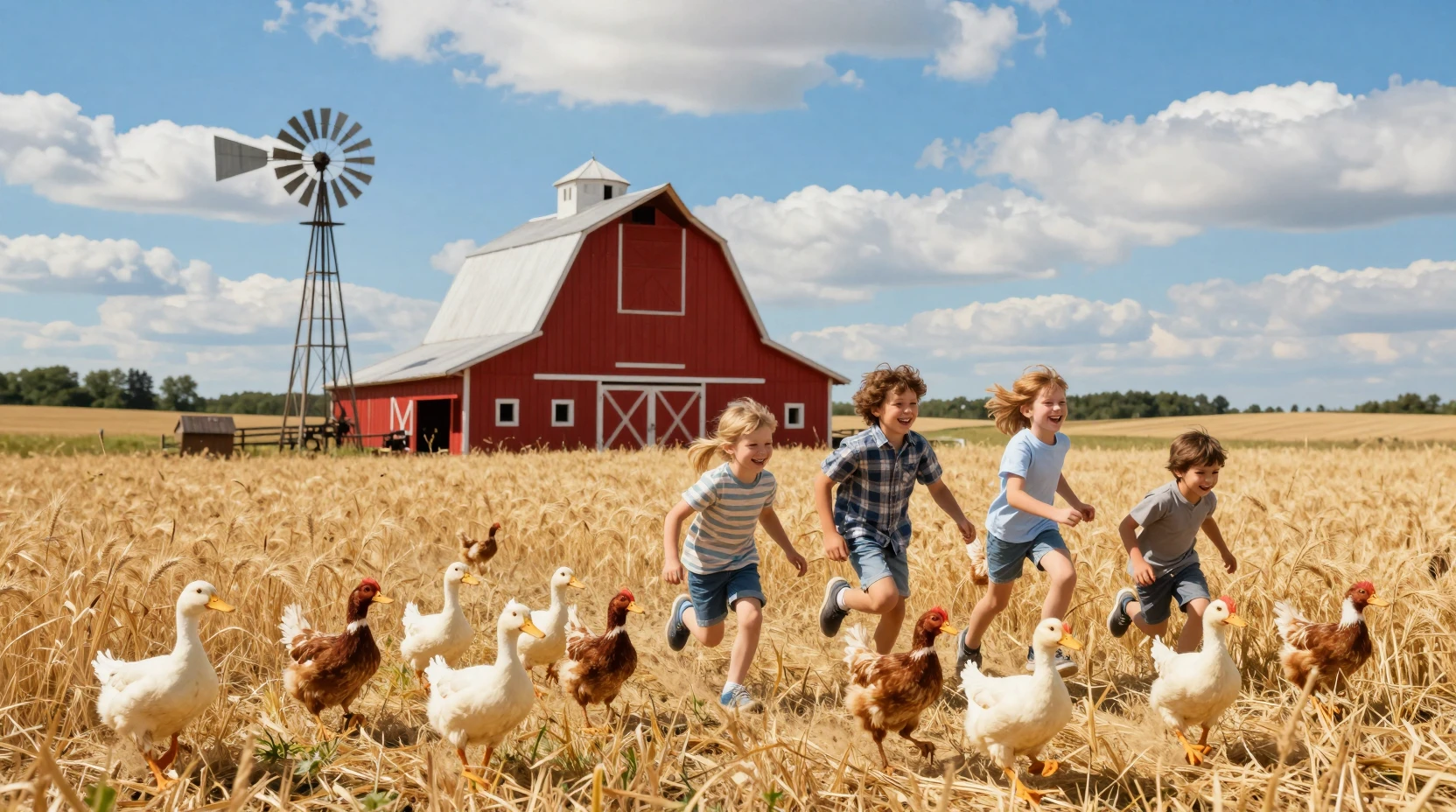 Enfants de la ferme heureux courant à travers des champs de blé doré