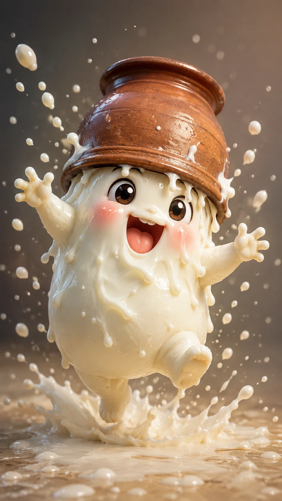 Creatura di kefir giocosa che schizza latte in stile cartoon