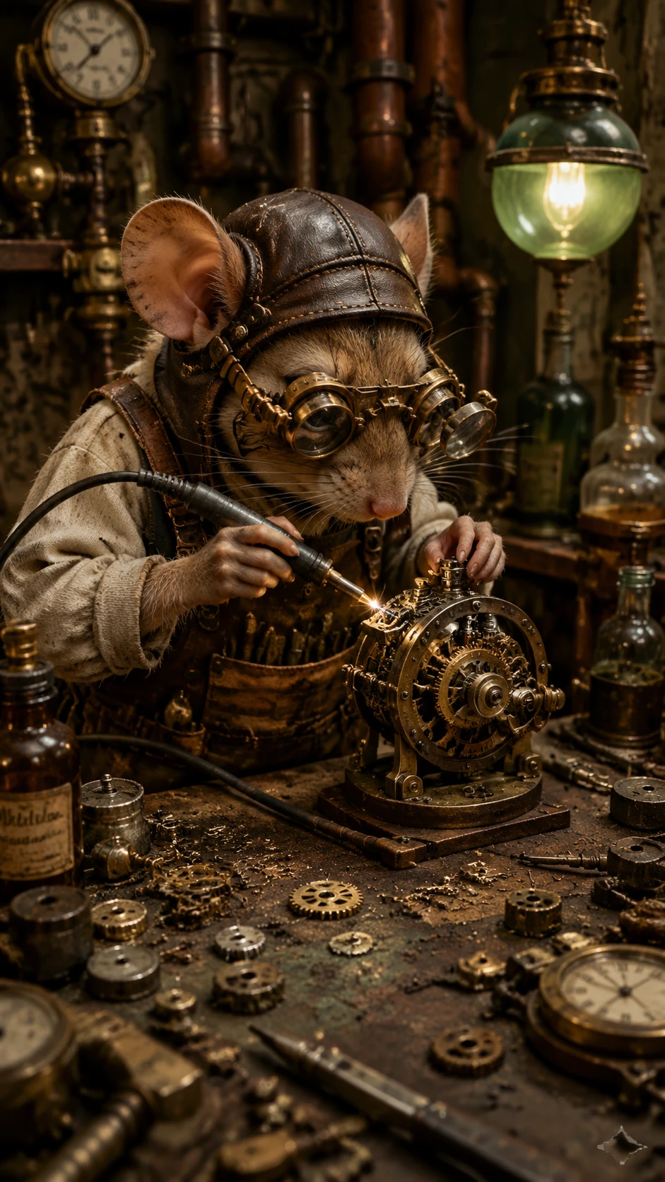 Rato artesão steampunk criando um minúsculo autômato de engrenagens
