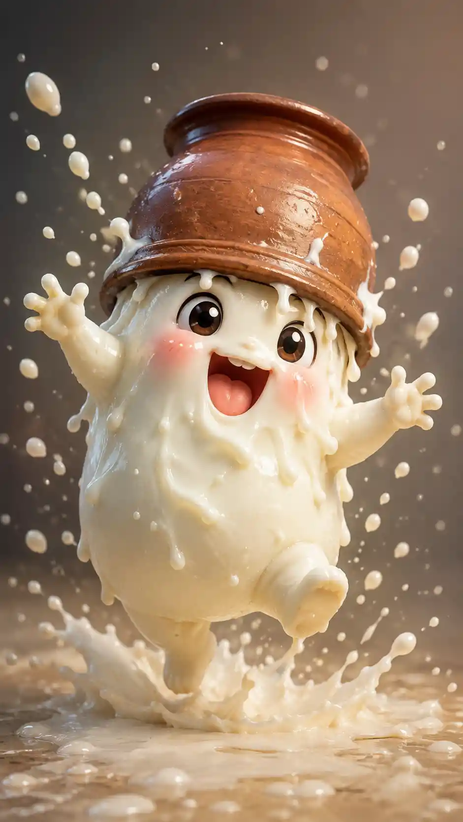 Creatura di kefir giocosa che schizza latte in stile cartoon