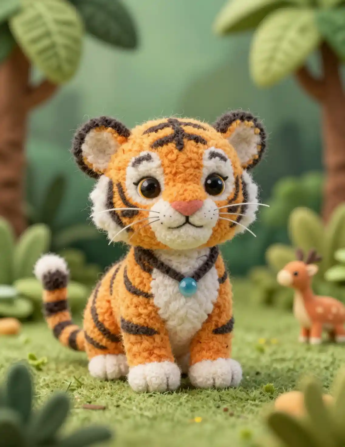 Tierno cachorro de tigre afieltrado a mano en una colorida jungla de peluche