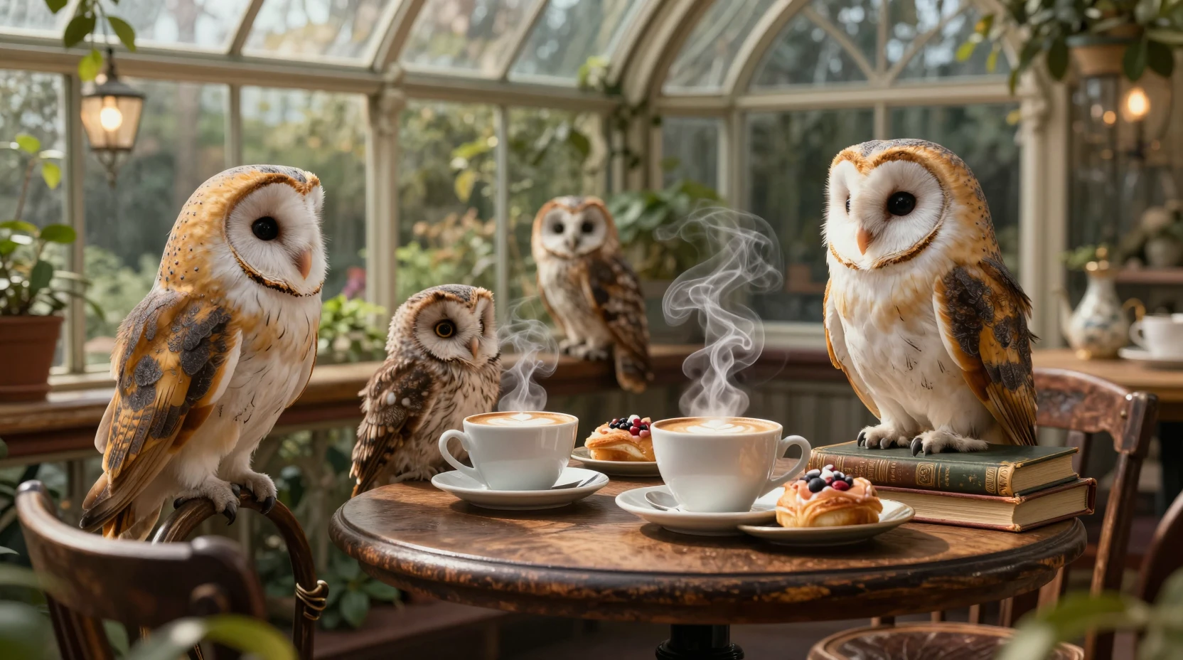 Elegantes Eulencafé in einem viktorianischen Glaskonservatorium