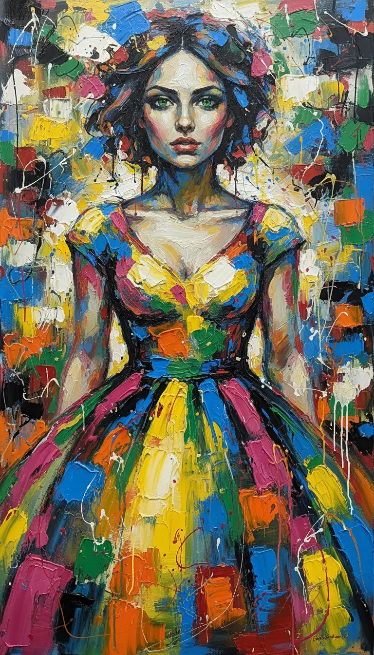 Abstrakt-expressionistisches Porträt einer Frau mit grünen Augen