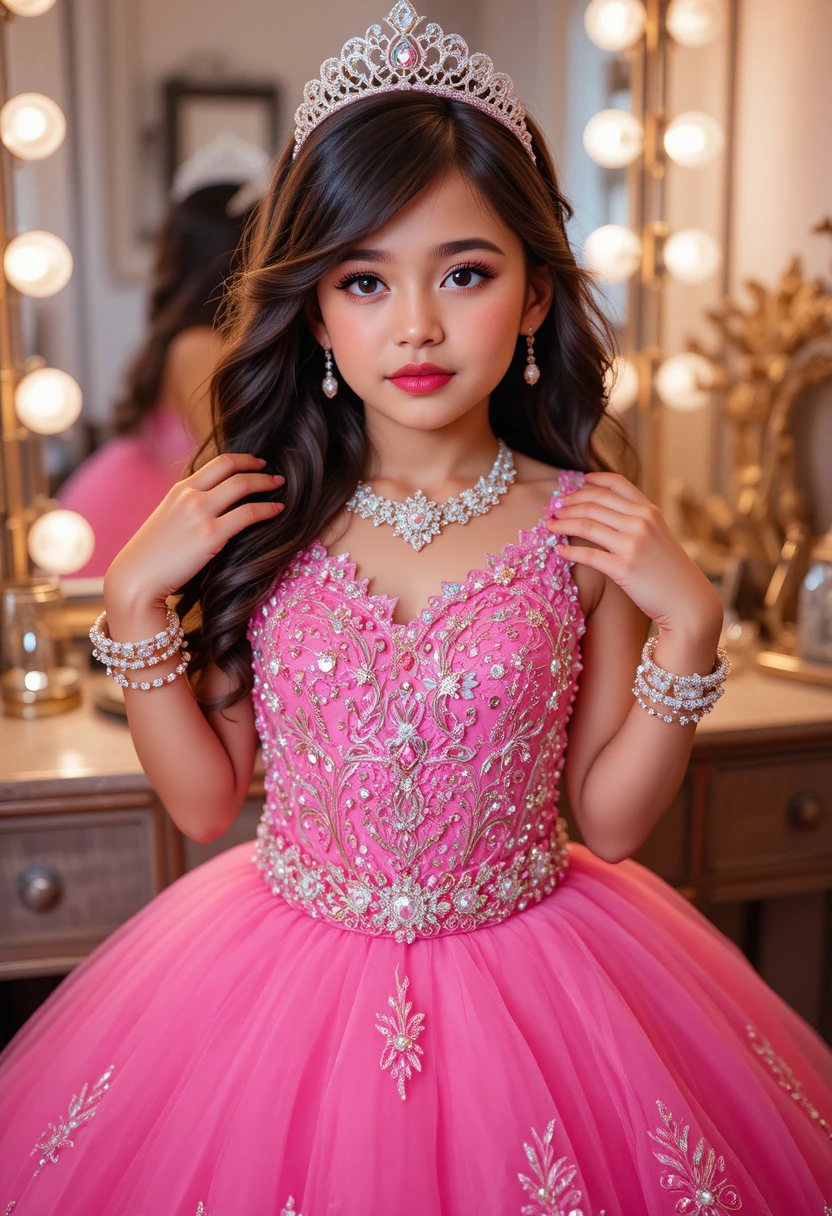 Menino jovem com vestido de quinceañera pink vibrante em frente à penteadeira
