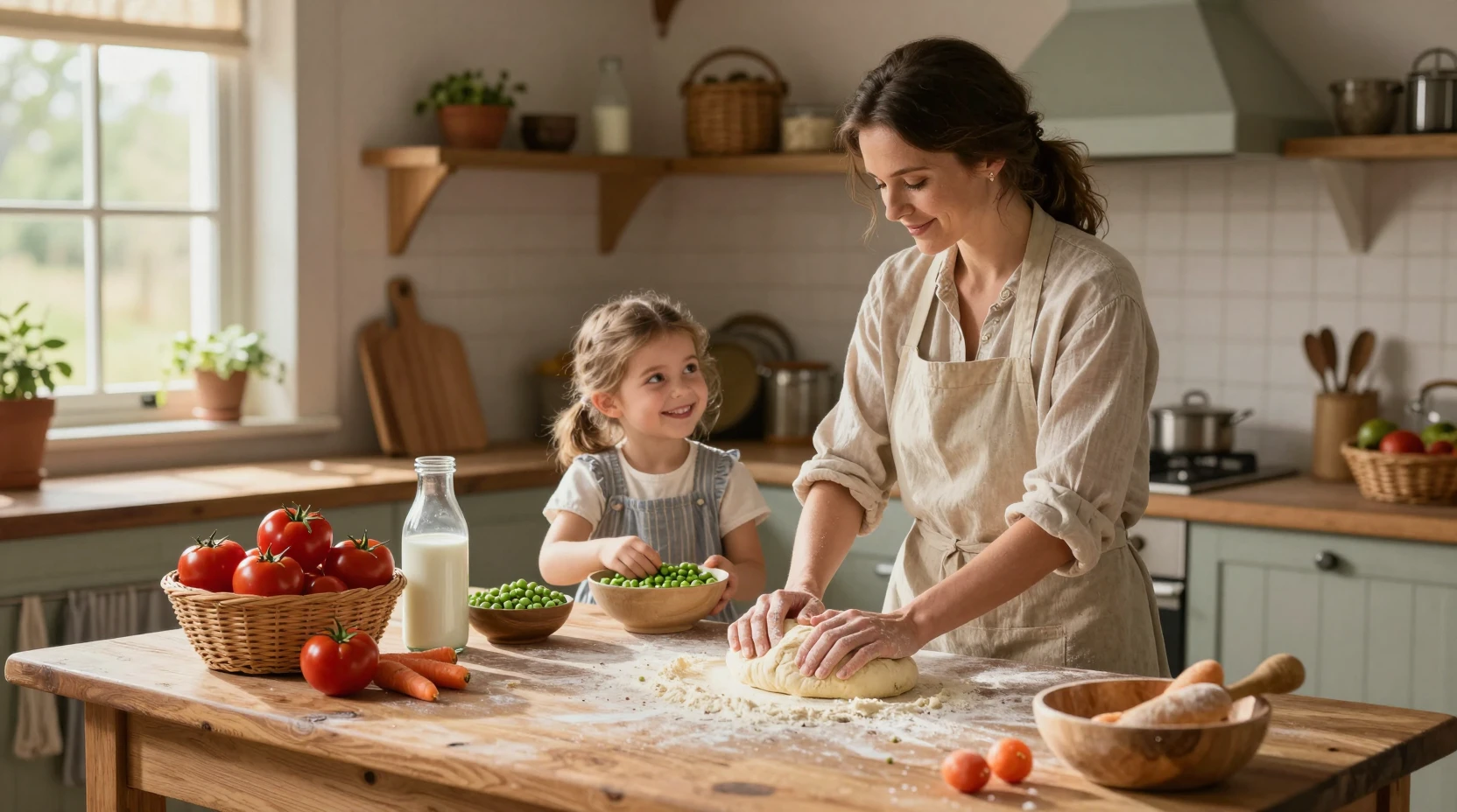 Mère et fille cuisinant dans une cuisine de ferme rustique