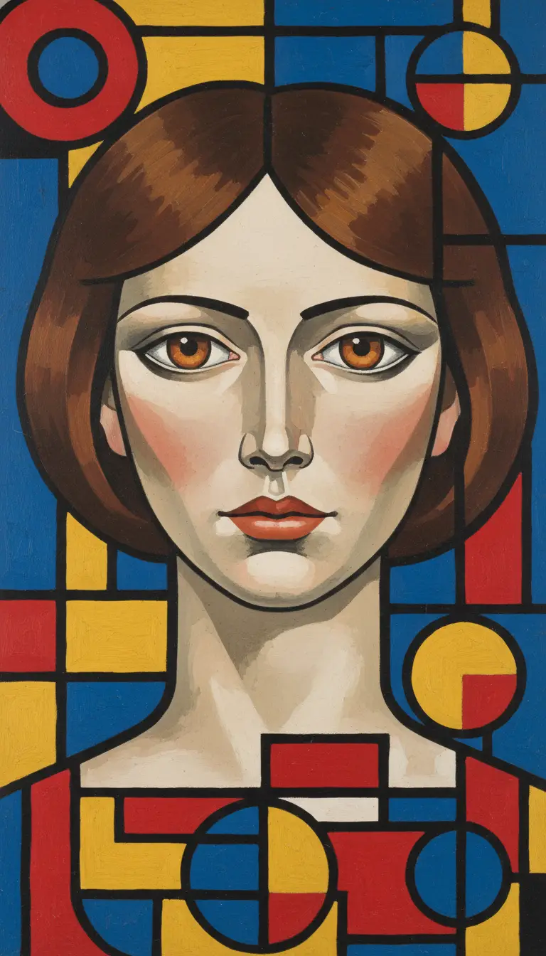 Abstract Bauhaus woman with angular hair and amber eyes