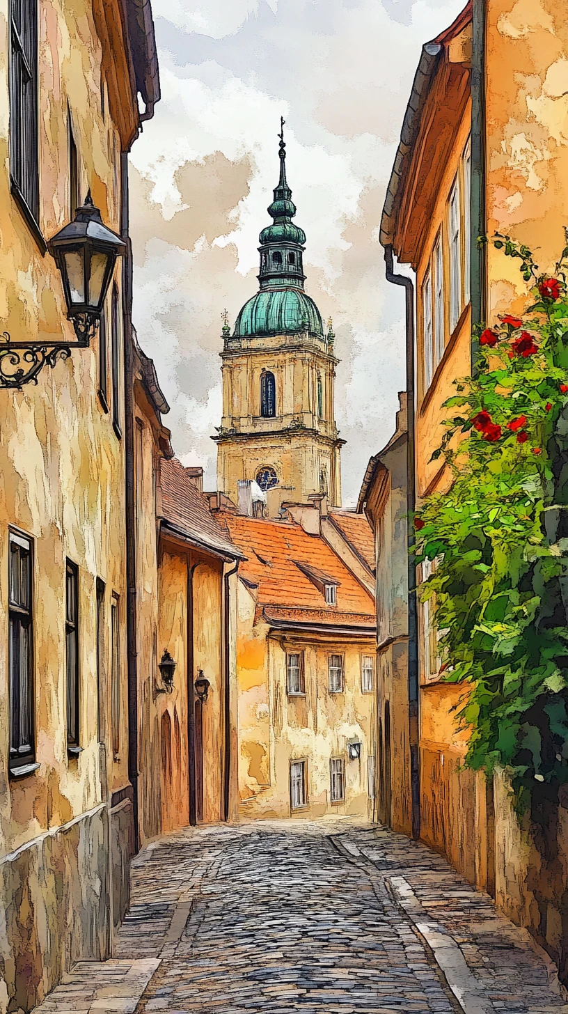 Aquarellansicht einer historischen europäischen Straße und Kathedrale