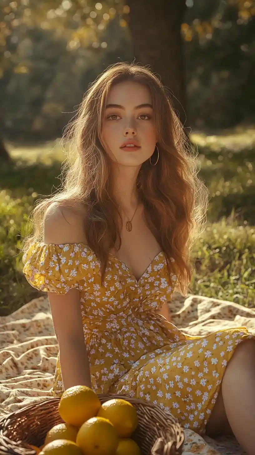 Young woman in yellow sundress in a sunlit meadow