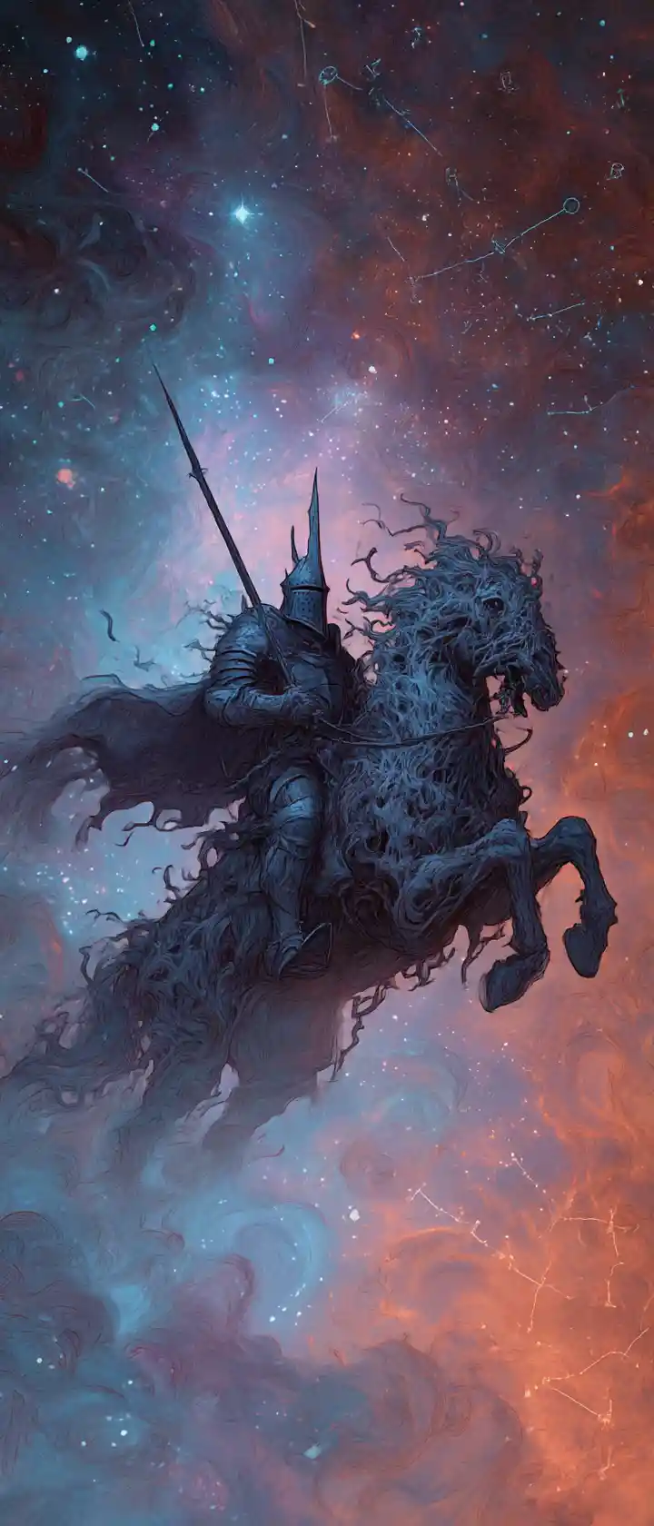 Spectral knight riding a phantom steed through nebula