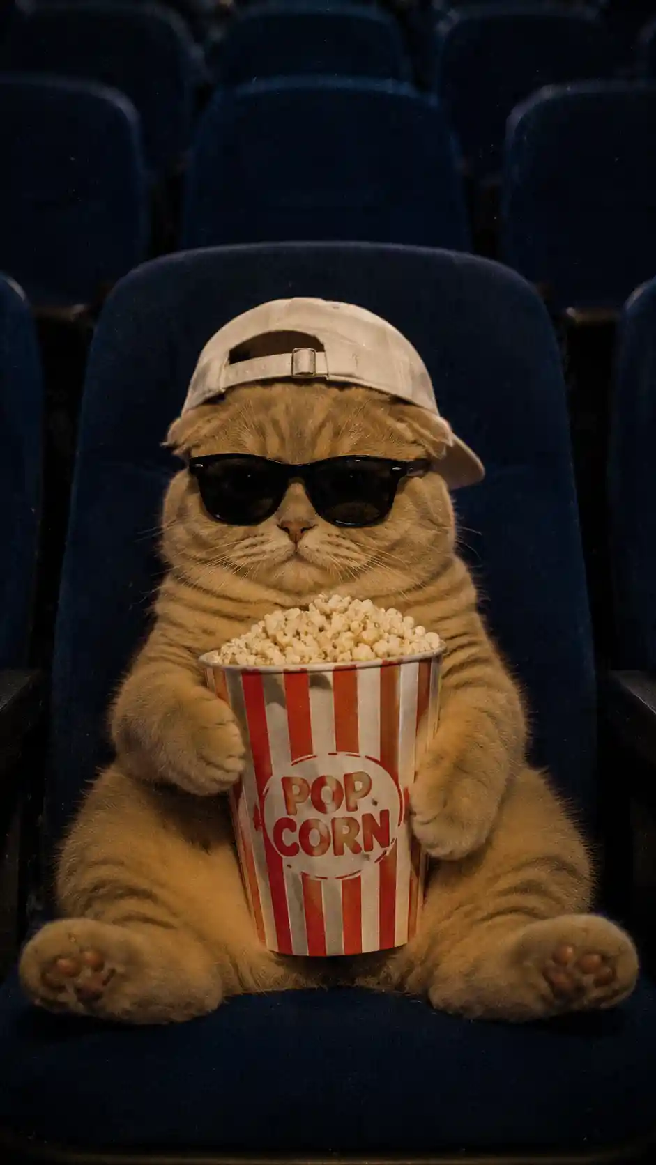 Gato Scottish Fold en el cine con palomitas y gafas de sol