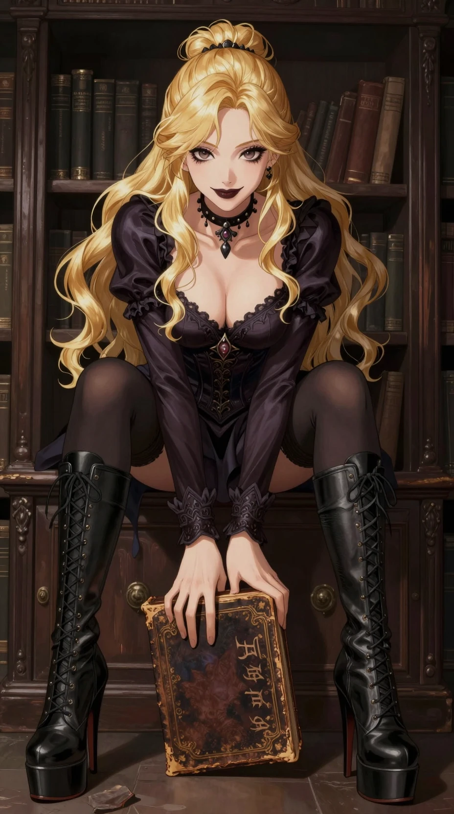 Donna gotica in stile anime seduta su un mobile in una biblioteca buia
