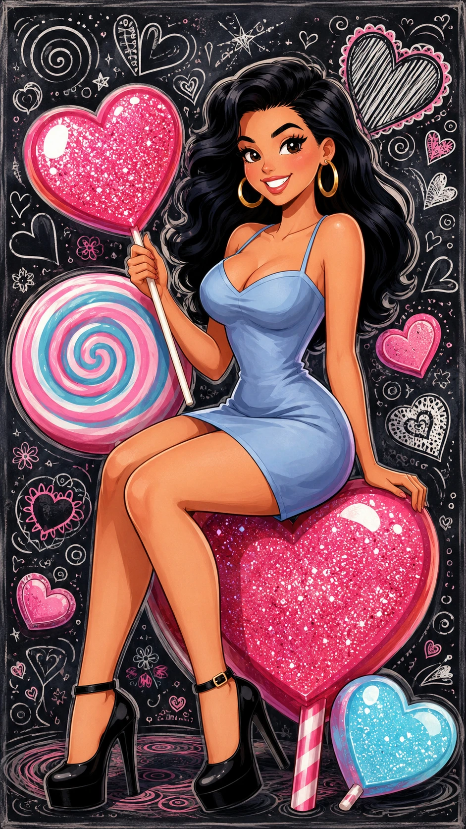 Illustration d’une femme manga assise sur une sucette cœur scintillante
