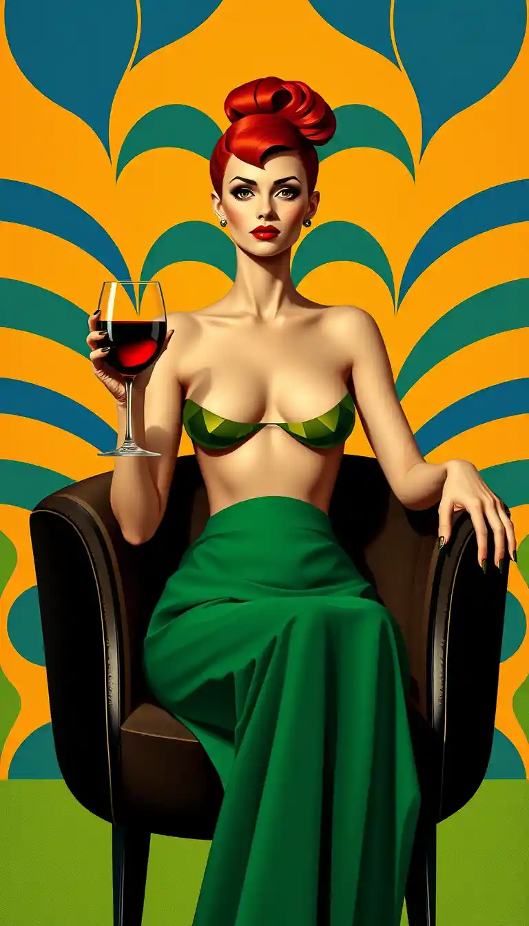 Art deco woman with red hat and wine glass