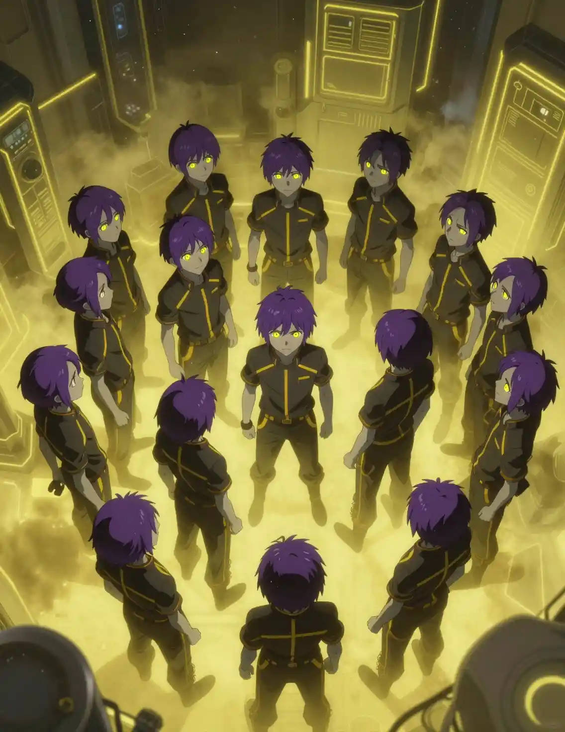 Vue Plongeante sur des Garçons d’Anime dans une Installation Sci-Fi Néon