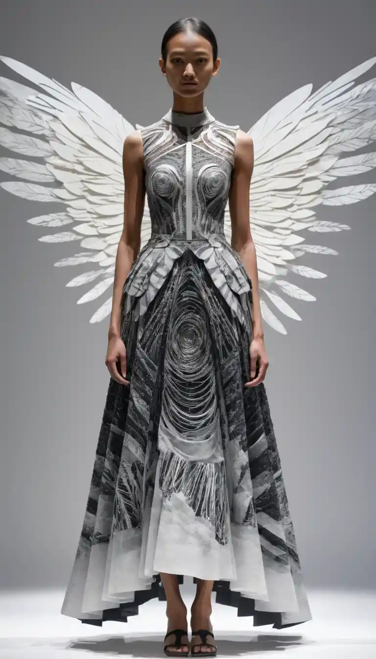 Kinetic silhouette dress with vibrating transparent layered patterns