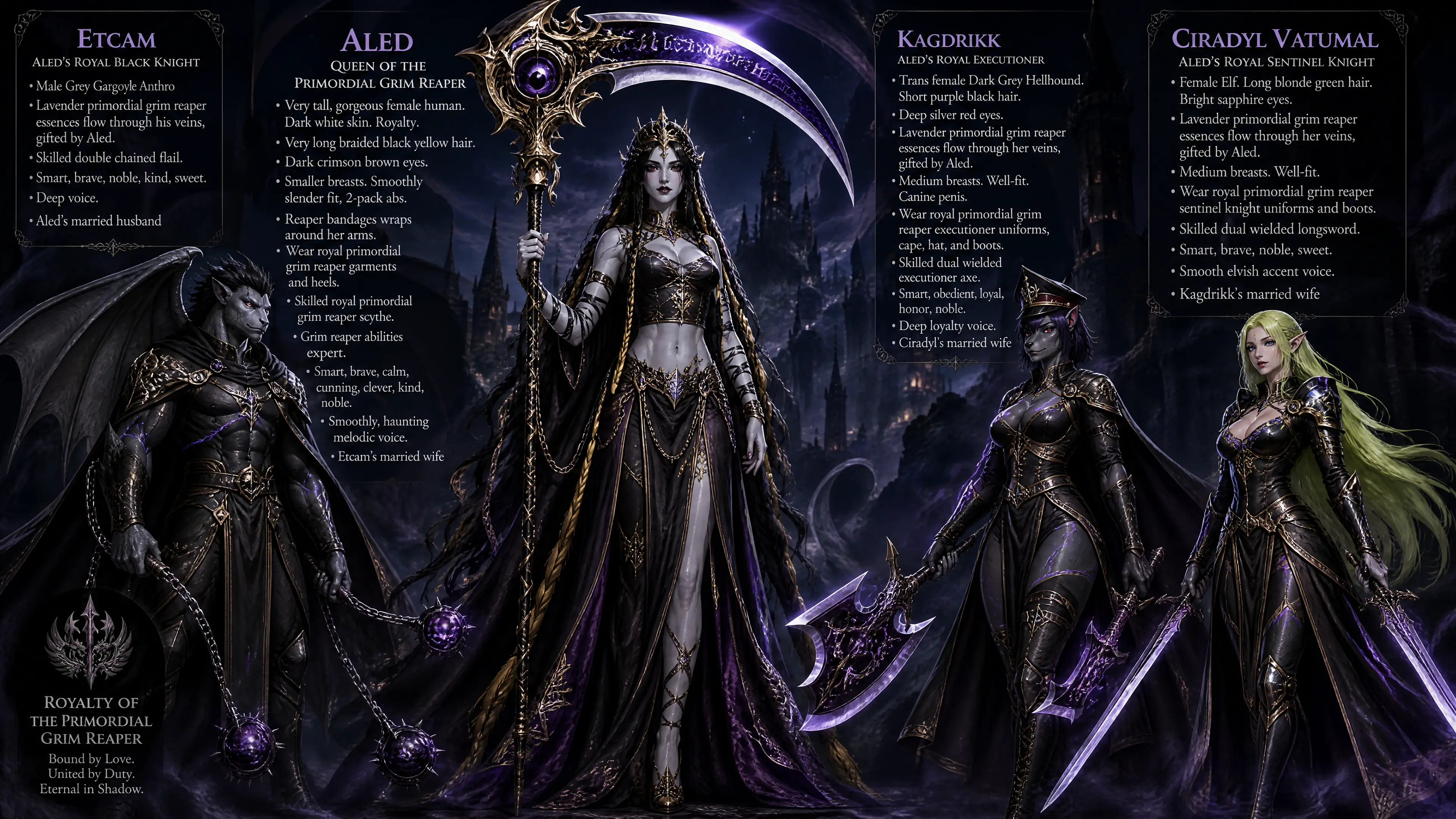 Tall primordial grim reaper queen with ornate scythe