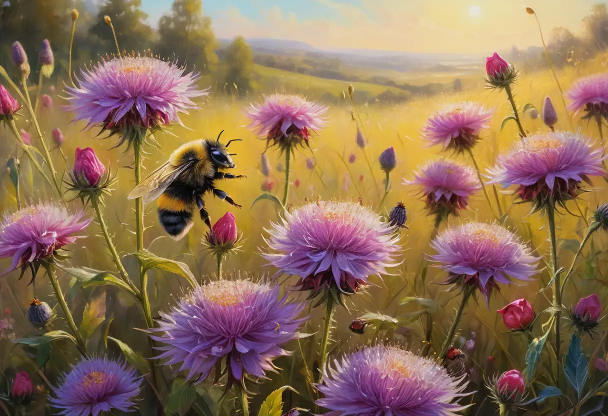 Close up oil painting of wildflowers in sunlight